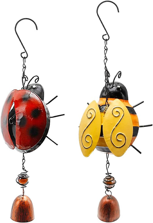 VIKKSAER 2pcs Metal Ladybug Wind Chime and Bees Wind Bell, Small Hanging Rustic Home Ornament for Indoor Outdoor Garden Yard Patio Hanging Decor