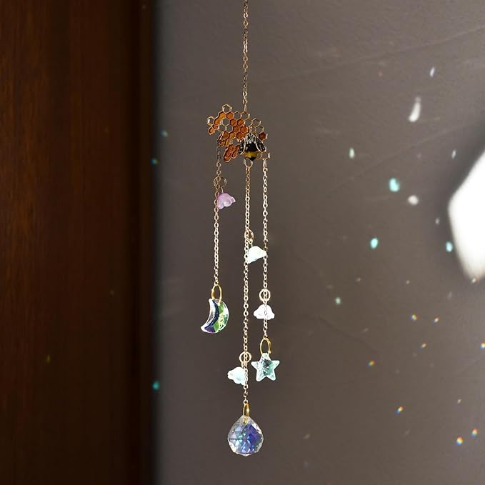 Crystal Suncatcher with Honeycomb, Hanging Rainbow Maker with Colorful Prisms, Honeybee Suncatcher Gift, Window Ornament for Home, Garden, Patio Decor
