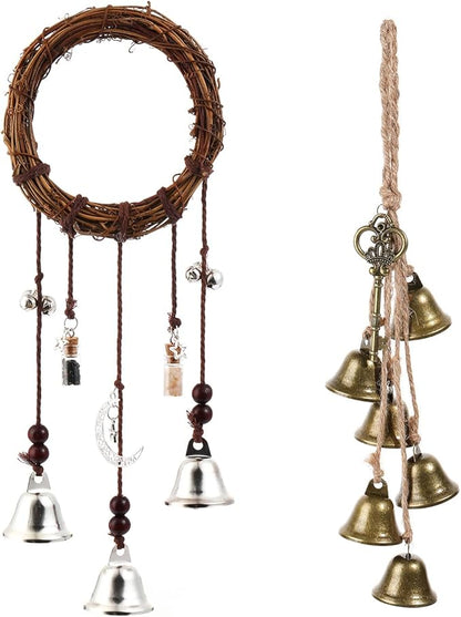 2 Pieces Witch Bells for Door Knob for Protection Hanging Bell Wind Chimes Handmade Decorative Bell for Boho Home Room Witchy Decor (Silver)