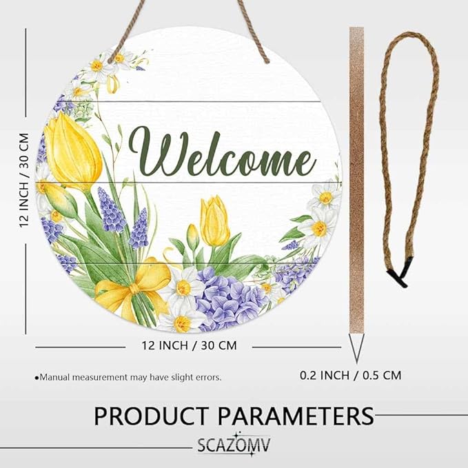 Round Rustic Wood Sign Plaque Welcome Tulip Flower Hand-Painted Vintage Wall Art Cute Wooden Hanging Sign Decor for Home Kitchen Farmhouse Garden Front Door Entryway Porch Yard 12 Inch