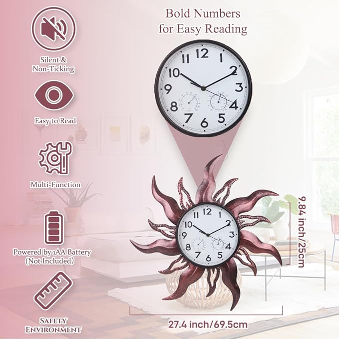 Large Outdoor Clock with Thermometer & Humidity - Silent Non-Ticking Sun Outdoor Wall Clock for Patio, Garden, Kitchen, Living Room(Brown)