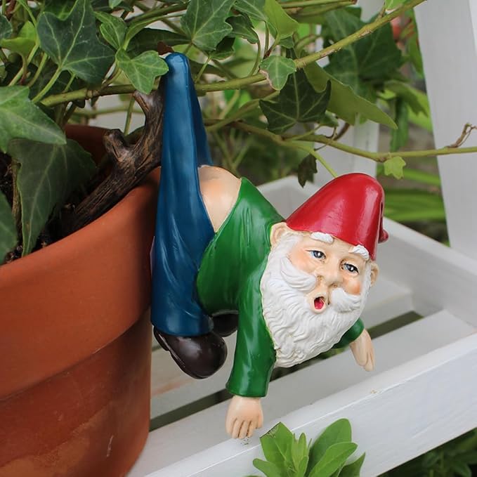 Funny Garden Gnome Statue Flower Pot Hugger, Pants Hanging on Branch Gnome Figurine Resin Sculpture Outdoor Decor Patio Lawn Yard Fence Plant Pot Ornaments