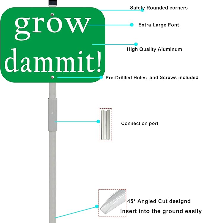 Grow Dammit Garden Signs with 28-inch metal stake, 10x7inch Metal Garden Stakes Decor Sign, Funny Gardening Gifts for Women Men and Gardeners,Green,1Pack