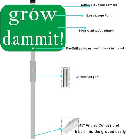 Grow Dammit Garden Signs with 28-inch metal stake, 10x7inch Metal Garden Stakes Decor Sign, Funny Gardening Gifts for Women Men and Gardeners,Green,1Pack