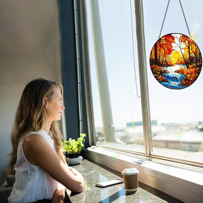 Sunset Suncatcher Stained Glass Window Hanging - Handmade Tree River Sun Catchers Home Outdoor Garden Decor - Sucnatchers for Windows Hanging Ornaments - Mother's Day Birthday Gifts for Mom Grandma