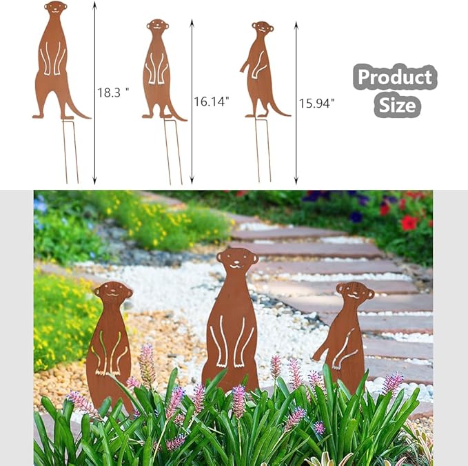 3Pcs Rusty Garden Decorative Stakes Metal Animals Garden Decor Meerkat Statues Outside Yard Art Sculptures Patio Lawn Ornaments
