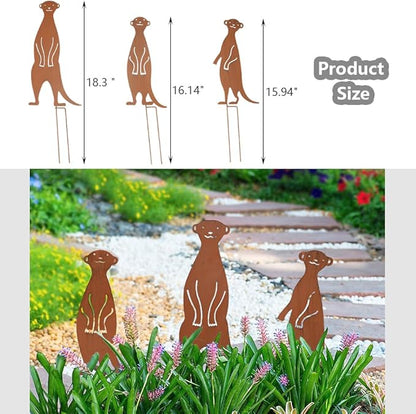 3Pcs Rusty Garden Decorative Stakes Metal Animals Garden Decor Meerkat Statues Outside Yard Art Sculptures Patio Lawn Ornaments