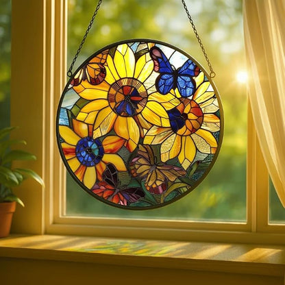 Sunflower and Butterfly Stained Glass Window Hanging Panel – Colorful Floral Suncatcher Wall Art for Home Window Decor and Gift