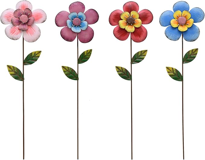 Linfevisi Outdoor Garden Decoration Flower Garden Stakes Metal Yard Art Signs Spring Decor Floral Lawn Ornaments Outside Plant Picks for Patio Porch Pathway 16 Inch Tall(Set of 4) (B)