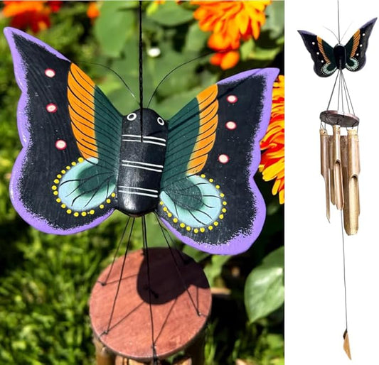 Butterfly Bamboo Wind Chime – Handcrafted 39” Hanging Outdoor Windchime with Colorful Carved Wood Topper & Relaxing Sound – Natural Bamboo Garden Décor for Porch, Patio, or Balcony