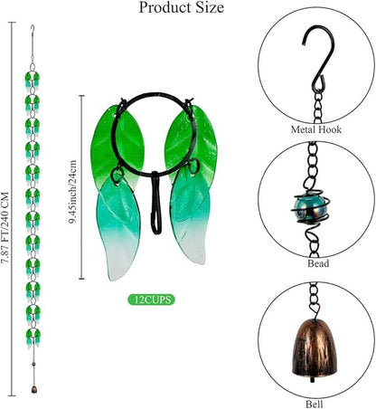 dreamysoul Rain Chains for Outside, 7.87FT Adjustable Green Glass Leaf Rain Chain, Rain Catcher Chains for Gutters Downspout, Eaves, Drainage
