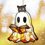 Cute Ghost and Black Cat Reading Acylic Suncatcher Ornament Book Window Hanging Decoration for Bookish Home Decor Reader Sun Catchers Windows Acrylic Decorations Outdoor