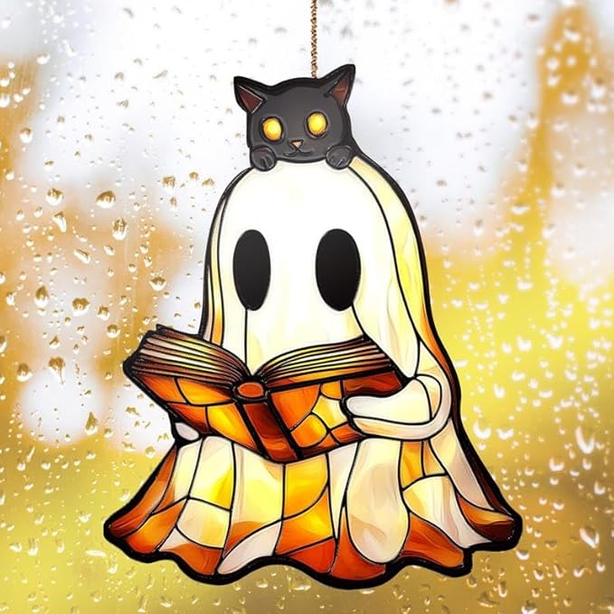 Cute Ghost and Black Cat Reading Acylic Suncatcher Ornament Book Window Hanging Decoration for Bookish Home Decor Reader Sun Catchers Windows Acrylic Decorations Outdoor