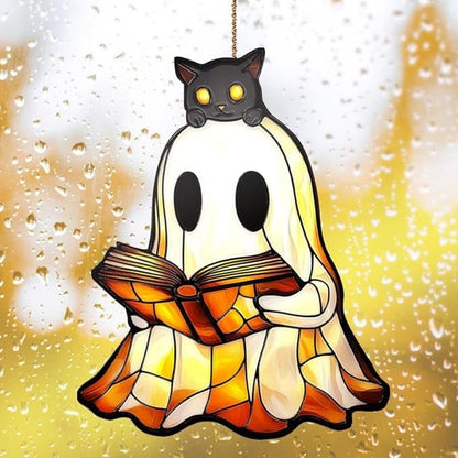 Cute Ghost and Black Cat Reading Acylic Suncatcher Ornament Book Window Hanging Decoration for Bookish Home Decor Reader Sun Catchers Windows Acrylic Decorations Outdoor