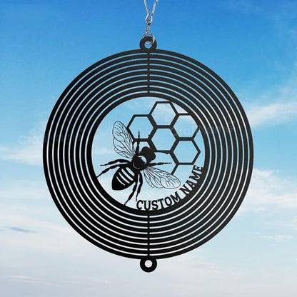 Personalized Bee Metal Wind Spinner, Custom Yard Ornament for Outdoor Spaces, Kinetic Garden Sculpture, Pollinator Lover Gift (Bee Garden Wind Spinner)