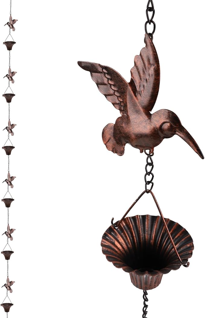 NQEUEPN Bird Rain Catcher Chain, 8.53ft Metal Hummingbird Rain Chain Bell, Outside Decorative Downspout Chain Rainwater, Cup Wind Chime Outdoor Gutter Rainchain Decor for Terraces, Villas, Courtyards