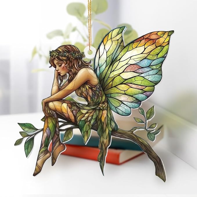 Stained Glass Fairy Ornament – Acrylic Suncatcher Window Hanging, Woodland Fantasy Decor, Christmas Tree Ornament 2026, Car Rearview Mirror Charm, Gift for Fairy Lovers, Women, Girls, Teachers(Sun-10)