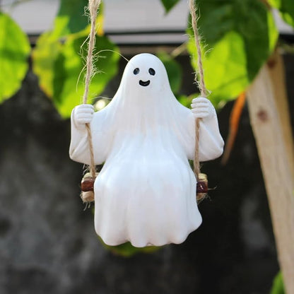 Swing Ghost Garden Statue Outdoor Halloween Decor, 3.39 Inch Cute Ghost Figurine Resin Sculpture Funny Tree Hanging Ornaments for Patio Lawn Yard