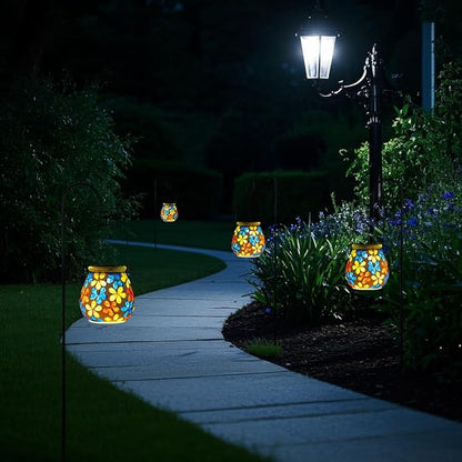 Stargarden 4Pack Mosaic Solar Lanterns, Glass Hanging Lantern Waterproof Outdoor Haning Lights Flower Decorative Table Lamp for Garden ,Patio,Yard Decor
