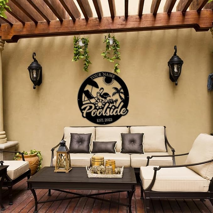 MeMate Personalized Outdoor Sign - Flamingo House Decor for Porch Deck Backyard Patio Pool