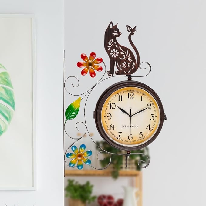 Vintage Double Sided Wall Clock with Metal Frame Antique Cat Wall Clock for Outdoor, Silent no-Ticking Watches & 360 Degree Rotate, Decorative Art Decor for Patio Living Room Restaurants