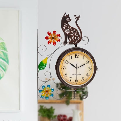 Vintage Double Sided Wall Clock with Metal Frame Antique Cat Wall Clock for Outdoor, Silent no-Ticking Watches & 360 Degree Rotate, Decorative Art Decor for Patio Living Room Restaurants