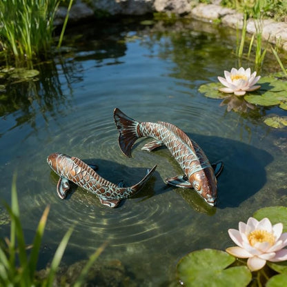 Set of 2 Large Antique Copper Koi Fish Statues Sculptures: Outdoor Metal Garden Decor for Pond, Patio, Yard, Lawn, and Home Décor, for Women, Mom, Grandma