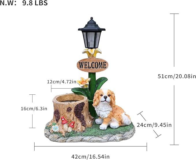 20" Solar Cavalier King Charles Spaniel Garden Statue with Welcome Sign & Planter - Large Dog Sculpture with LED Street Lantern - Weatherproof Resin Tree Stump Flower Pot for Porch, Yard & Patio