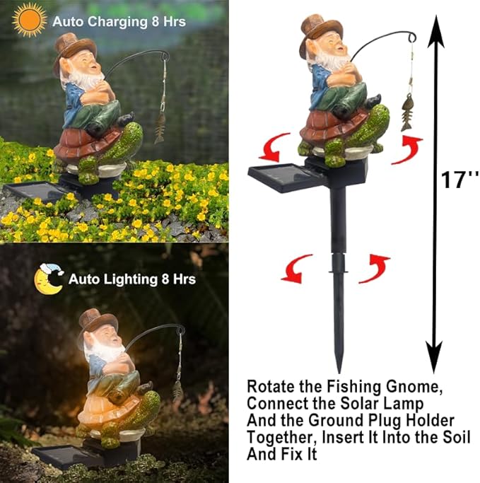 Garden Gnome Solar LED Turtle Fishing Pond Statue Decoration, Outdoor Koi Pond Waterfall Lawn Decor, 5.3" Poolside Statue with Ground Insertion