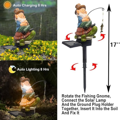 Garden Gnome Solar LED Turtle Fishing Pond Statue Decoration, Outdoor Koi Pond Waterfall Lawn Decor, 5.3" Poolside Statue with Ground Insertion