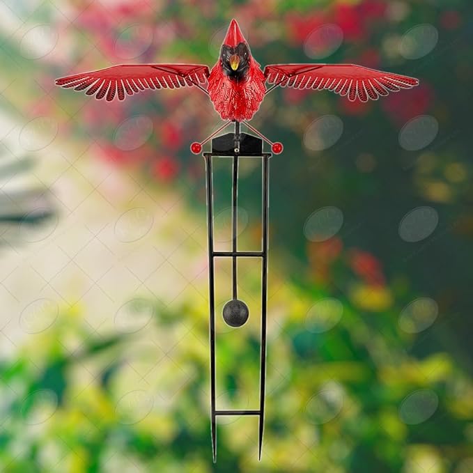 Red Carpet Studios Garden Stake Yard Art Metal and Glass Balance Rocker with Heavy Duty Stake, 4.5 Feet Tall, Cardinal