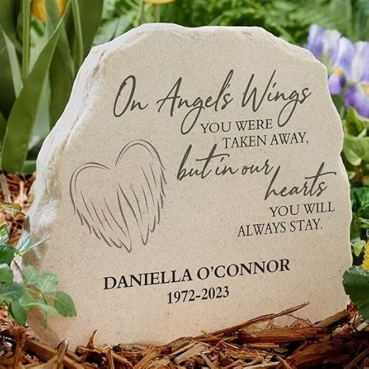Personalization Universe On Angel's Wings Custom Garden Stone - Memorialize Loved Ones with Personalized Outdoor Decor, 10"x11.9" Durable Polyresin, Sympathy Gift
