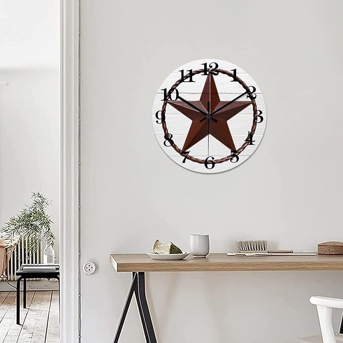 15 Inch Decorative Wall Clock Western Texas Star Rustic Farmhouse Wood Clock Silent Non-Ticking Battery Operated Antique Wooden Analog Clock for Bedroom Home Living Room Decor Home Decor