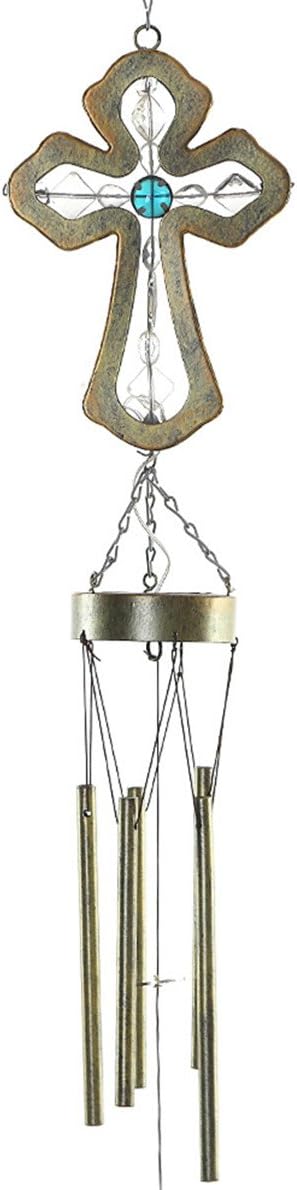 CEDAR HOME Solar Wind chime Unique Outdoor Indoor Hanging Mobile Bell WindChime Light Inspirational Religion Cross for Garden Lawn Yard Patio Waterproof Metal Glass Home Decor, 5.5"W x 3.5"D x 33"H