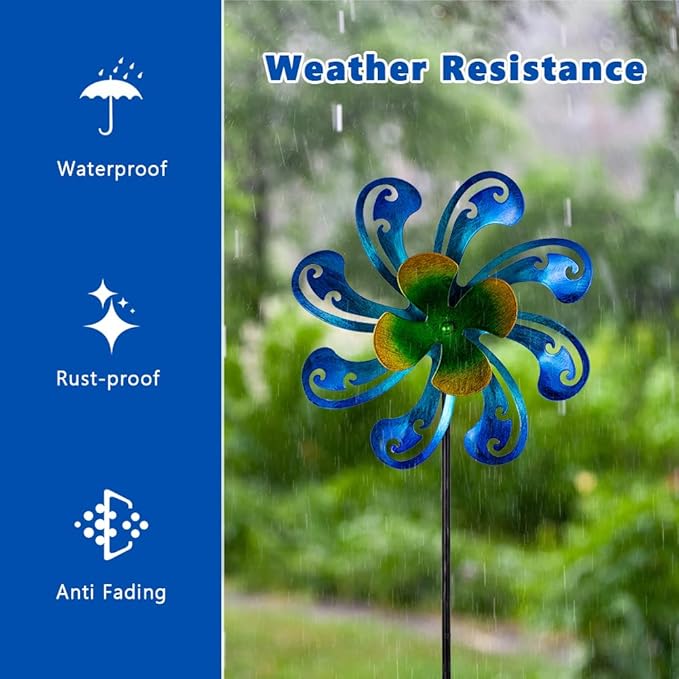 2 Packs Outdoor Metal Wind Spinner, Blue Wind Sculptures Windmill with Stake,Kinetic Yard Art Decor Pinwheels for Garden Outside Patio Lawn