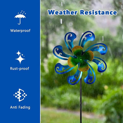 2 Packs Outdoor Metal Wind Spinner, Blue Wind Sculptures Windmill with Stake,Kinetic Yard Art Decor Pinwheels for Garden Outside Patio Lawn