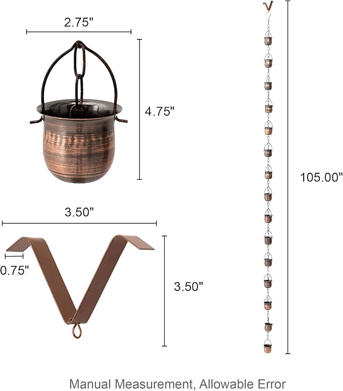 Glitzhome 8.5ft Rain Chain for Gutters 15-Piece Faux Copper Cup Shaped Catcher Replacement for Downpout