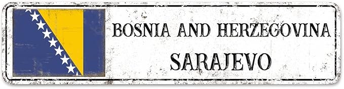 Bosnia and Herzegovina Custom Street Sign Bosnia and Herzegovina Flag Signs Capital City of Bosnia and Herzegovina Metal Sign Road Rustic Wall Art Home Decor Gift for Foreign Friend, Neighbor 24x6in