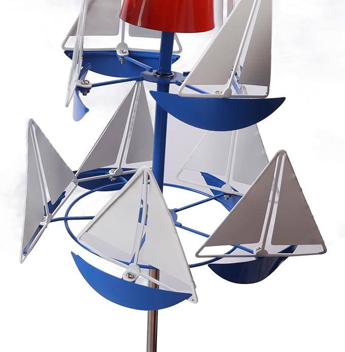 Fdit Sailboat Windmill, Metal Garden Wind Sculpture, Red White Blue, Lighthouse Art Design, for Lawn Patio Decoration