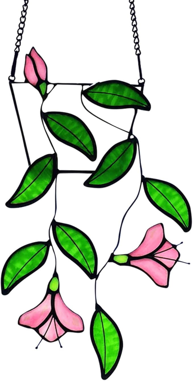 Plants Flower Stained Glass Window Hanging, Artificial Plants Sun Catchers Indoor Window, Stain Glass Suncatcher Hanging,Handcrafted Home Decor
