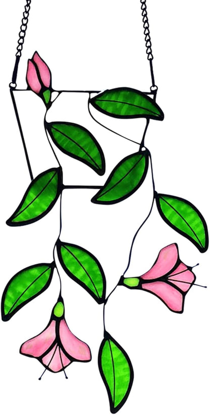 Plants Flower Stained Glass Window Hanging, Artificial Plants Sun Catchers Indoor Window, Stain Glass Suncatcher Hanging,Handcrafted Home Decor