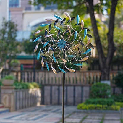 DREAMYSOUL Wind Spinner Outdoor, 23" Dia Metal Windmills with Blue and Copper Leaves, Kinetic Wind Spinners & Sculpture for Yard and Garden