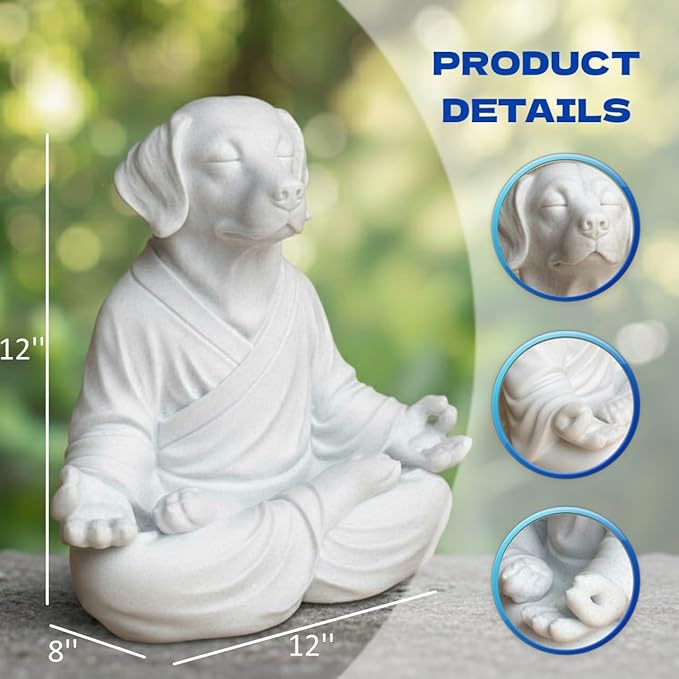 OLOMA Decorative Meditating Dog Statue Concrete Stone Sculpture Heavy Resin Coated Weather Resistant Outdoor Indoor Yard Patio Meditation Accent Feature for Garden Spaces