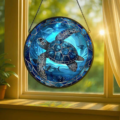 Stained Glass Window Hanging - Blue Rose and Vintage Frame Sun Catchers Indoor Stained Glass Panels Wall Decor for Mom, Wife, Lovers, Festive, 9.8in