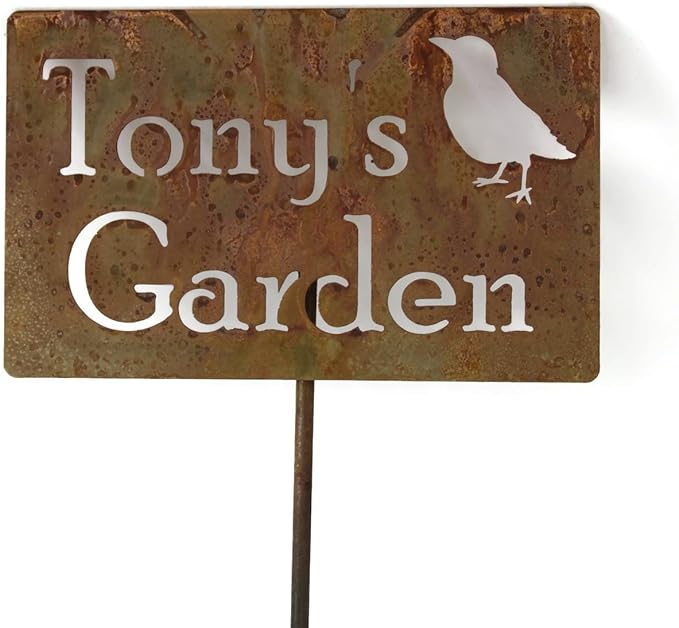 Classic Metal Garden Markers Clearance Items 20 to 33 Inches Tall (Tony's Garden w/bird 21", Naturally Rusted)
