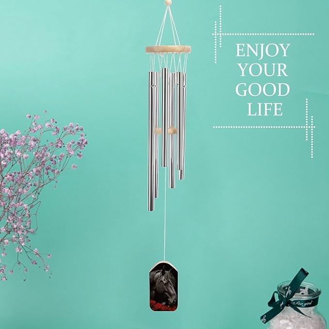 Wind Chimes for Outside,Red Rose and Black Horse Printed Cute Aluminium Windchimes Outdoors,Soothing Melodic Memorial Wind Chime for House Porch Patio Garden Balcony Decor