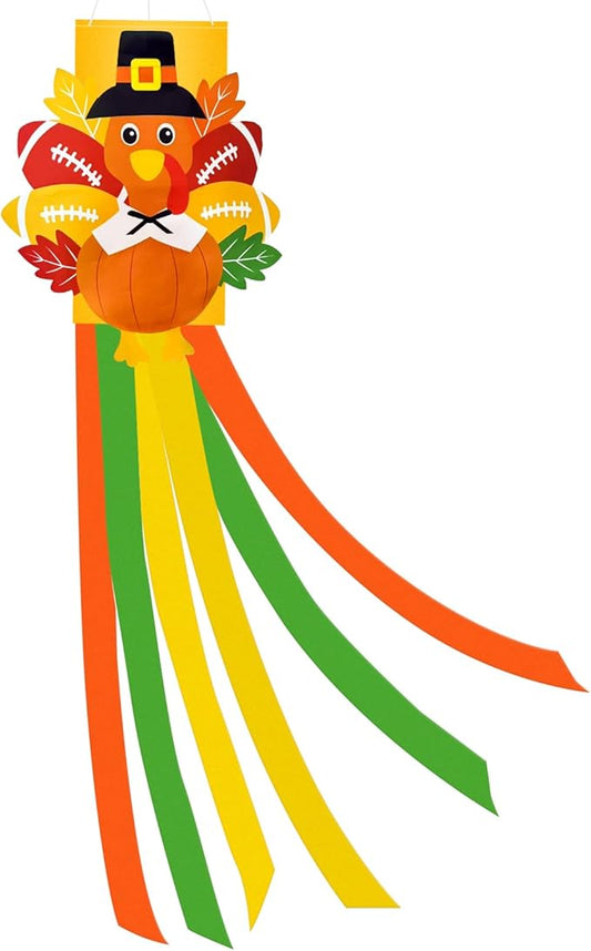 40 Inches Thanksgiving Turkey Windsock Decoration, Fall-Themed Hanging Outdoor Wind Sock Ornament with Football & Maple Leaf and Streamers for Porch, Yard, Garden, Autumn Harvest Decor