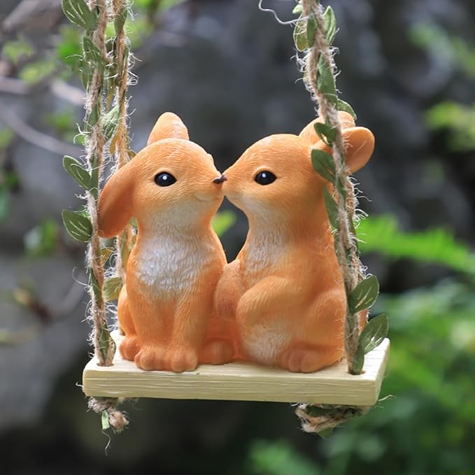 Swing Animals Garden Statue Outdoor Decor, Resin Hanging Animals Figurine Tree Ornaments Yard Art Sculpture for Stump Branch Patio Lawn Decorations (Couple Rabbits)