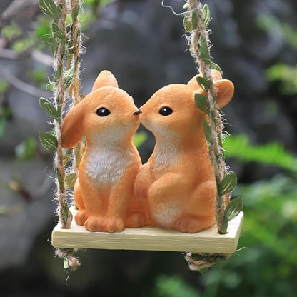Swing Animals Garden Statue Outdoor Decor, Resin Hanging Animals Figurine Tree Ornaments Yard Art Sculpture for Stump Branch Patio Lawn Decorations (Couple Rabbits)