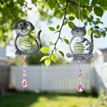 Cat＆Dog Garden Suncatcher,2 Pack Suncatchers with Crystal,Metal Sun Catchers Indoor Window Ornament for Outdoor Indoor Home Garden Decoration